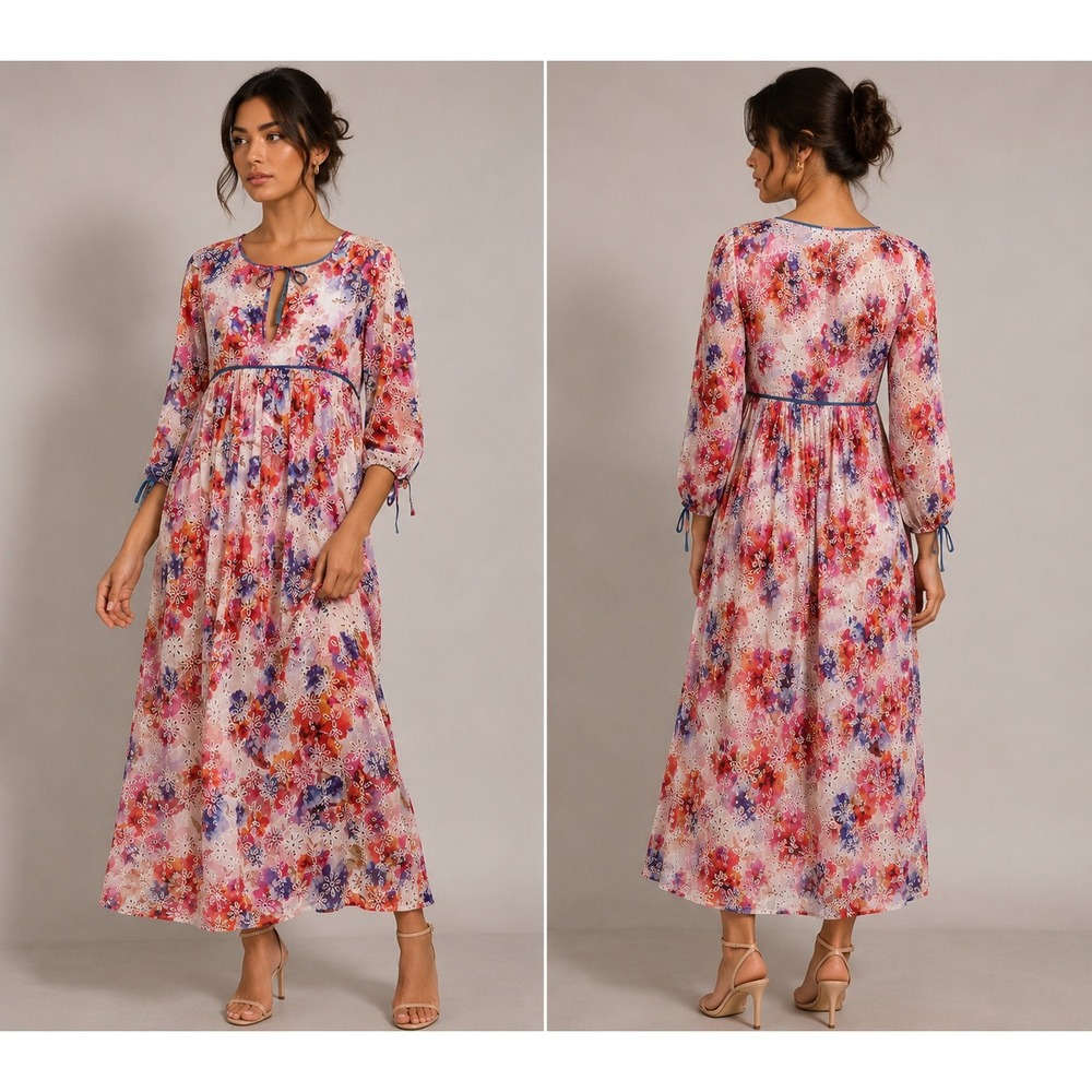 Johnny Was California Floral Eyelet Maxi Dress XS Pink Blue Empire Waist Boho